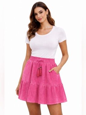Anthro Pilcro Pink Tiered Mini Skirt Tassel Tie Dye‎ Boho